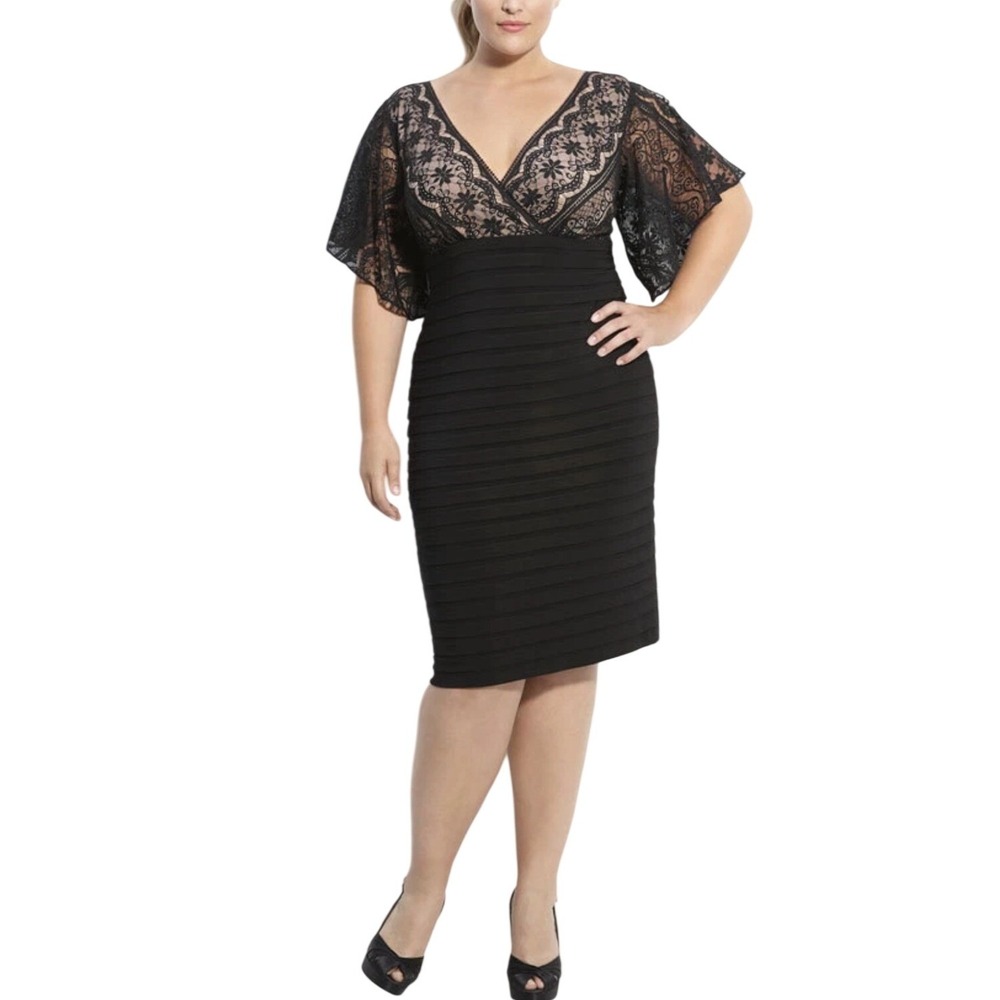 ADRIANNA PAPELL Plus Size Lace Bell Flutter Sleeve Tiered Cocktail‎ Wiggle Dress